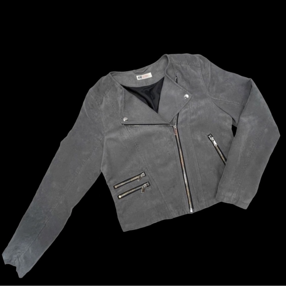 H&M Moto Girls Jacket- Grey Suede Feel- Size 14
